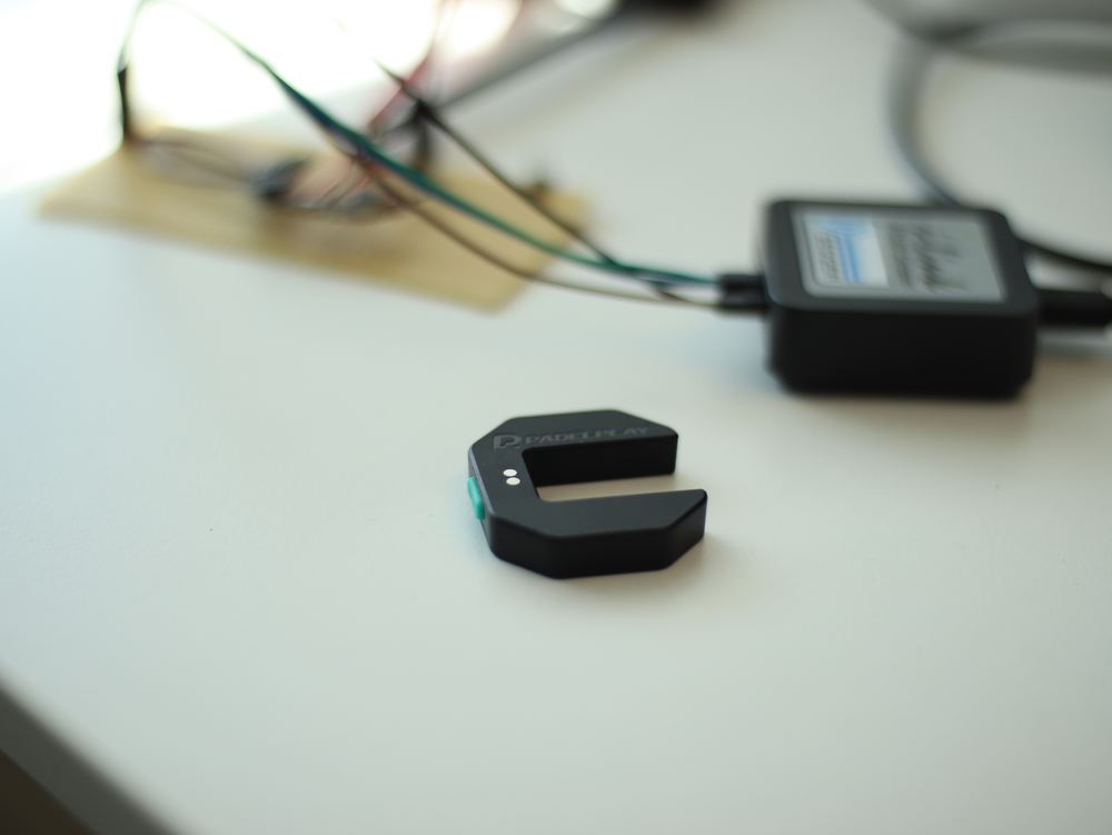 The PadelPlay sensor on the bench — first hardware bring-up.